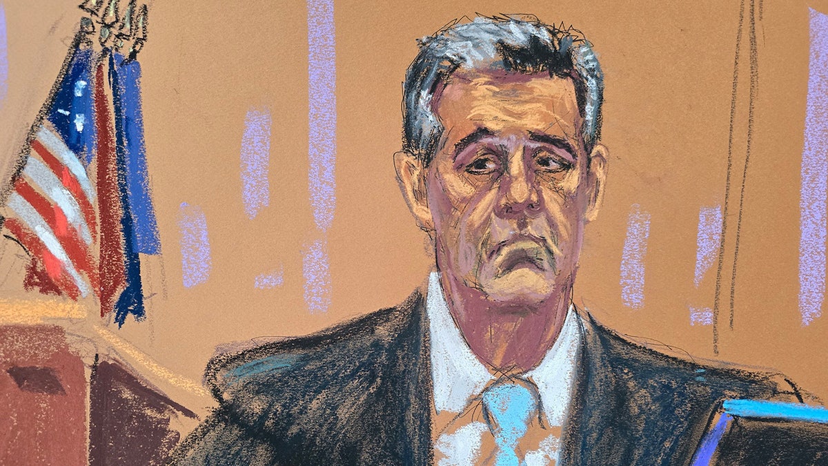 Michael Cohen testifying as shown in courtroom sketch
