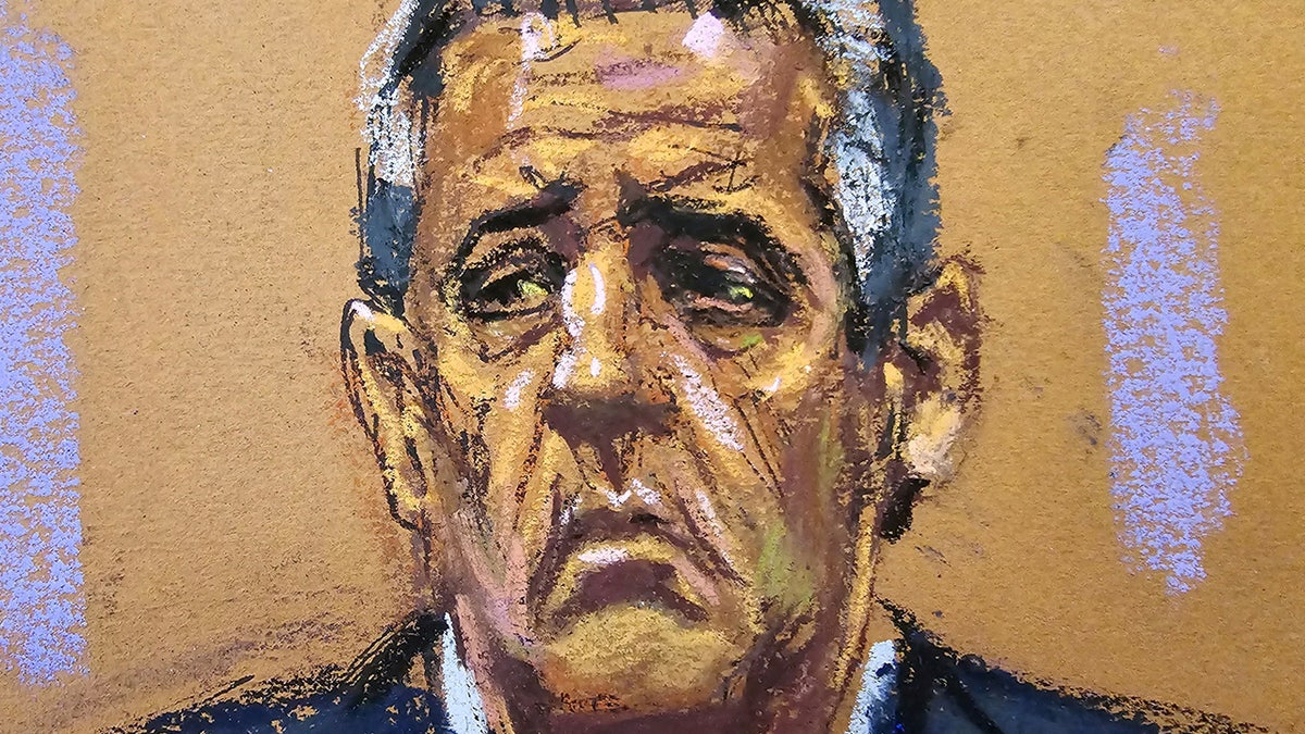 court sketch of Michael Cohen on witness stand frowning