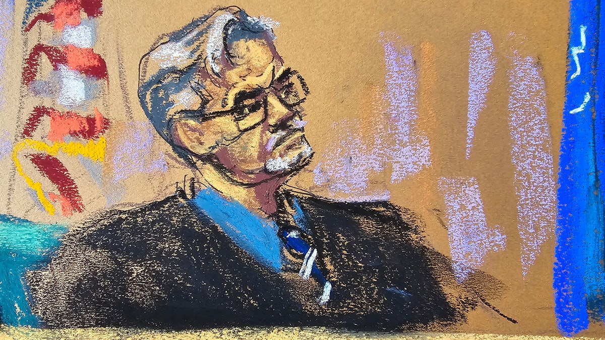 Justice Juan Merchan on the bench in courtroom sketch