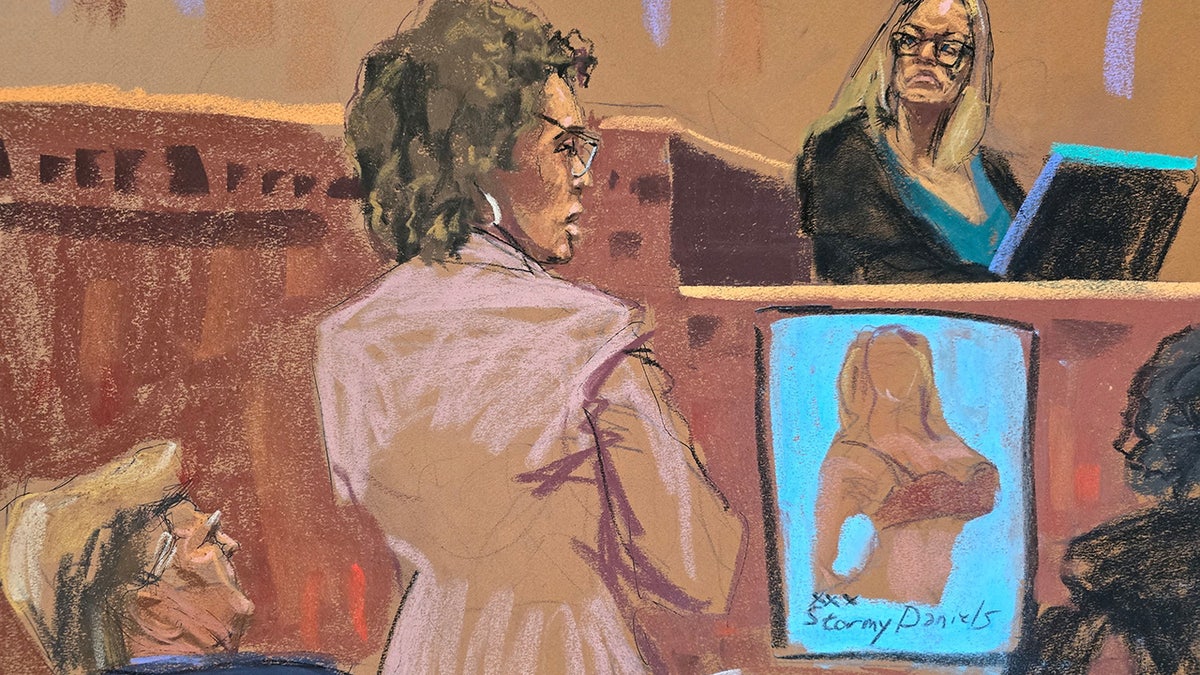 Former U.S. President Donald Trump watches arsenic  Stormy Daniels is questioned by defence  lawyer  Susan Necheles during his transgression  trial