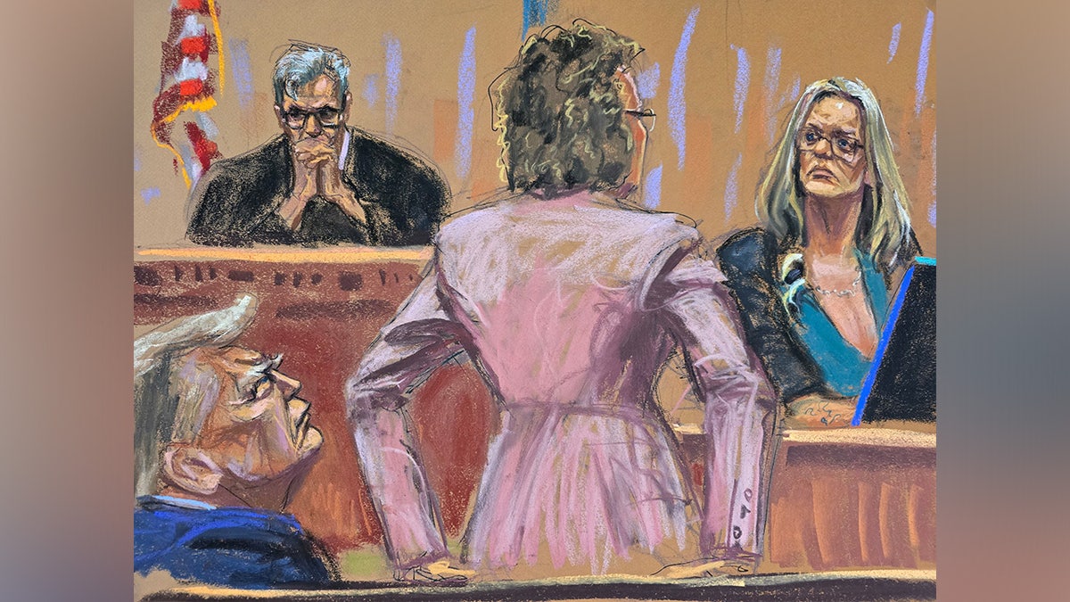 Former U.S. President Donald Trump watches as Stormy Daniels is questioned by defense attorney Susan Necheles during Trump's criminal trial