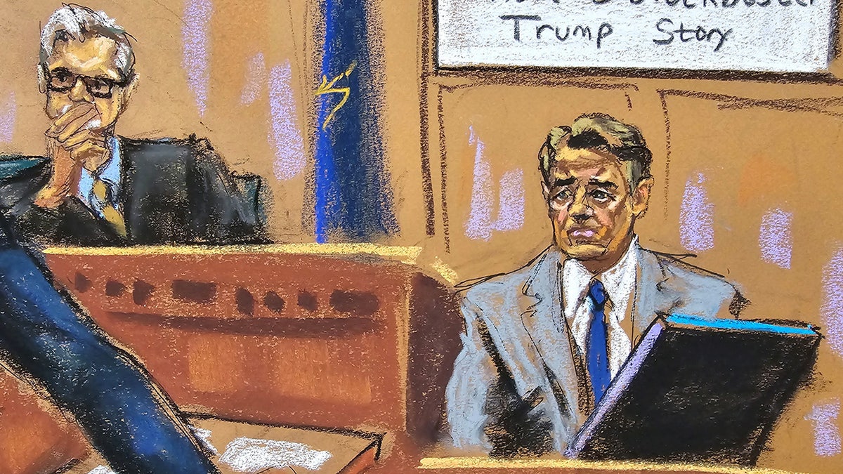 Former U.S. President Donald Trump watches arsenic lawyer Keith Davidson is questioned during Trump's criminal trial