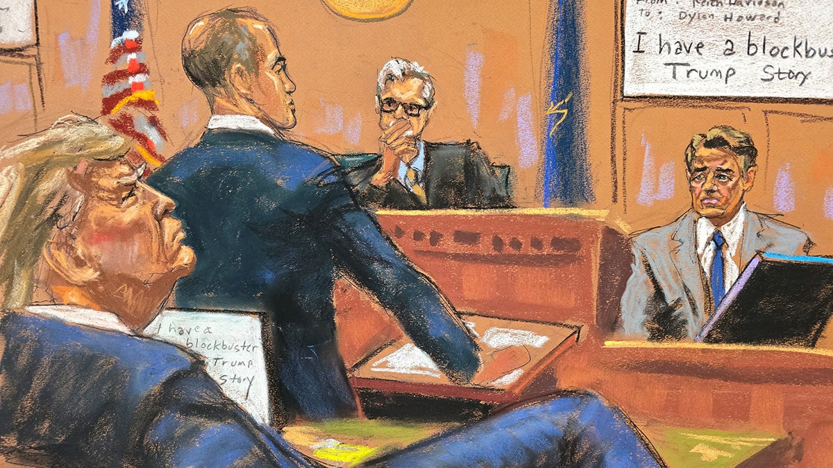 Former U.S. President Donald Trump watches arsenic  lawyer   Keith Davidson is questioned during Trump's transgression  trial