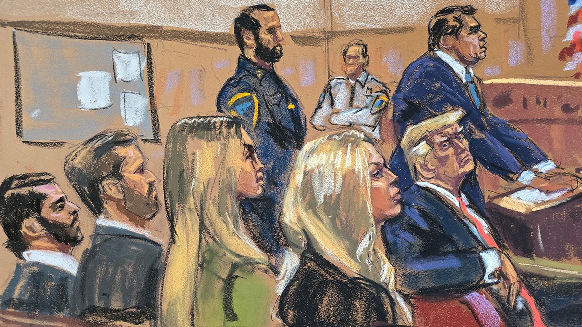 Trump family members in court with Trump at defense table in sketch