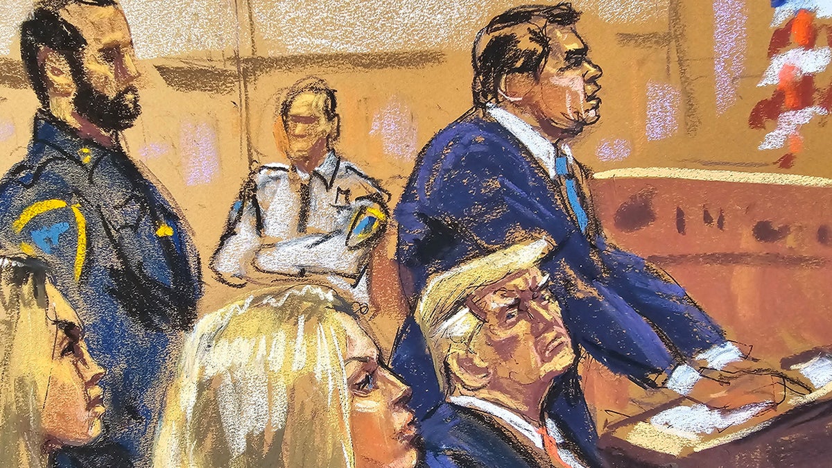 courtroom sketch showing former President Trump, Tiffany Trump, and Lara Trump in courtroom