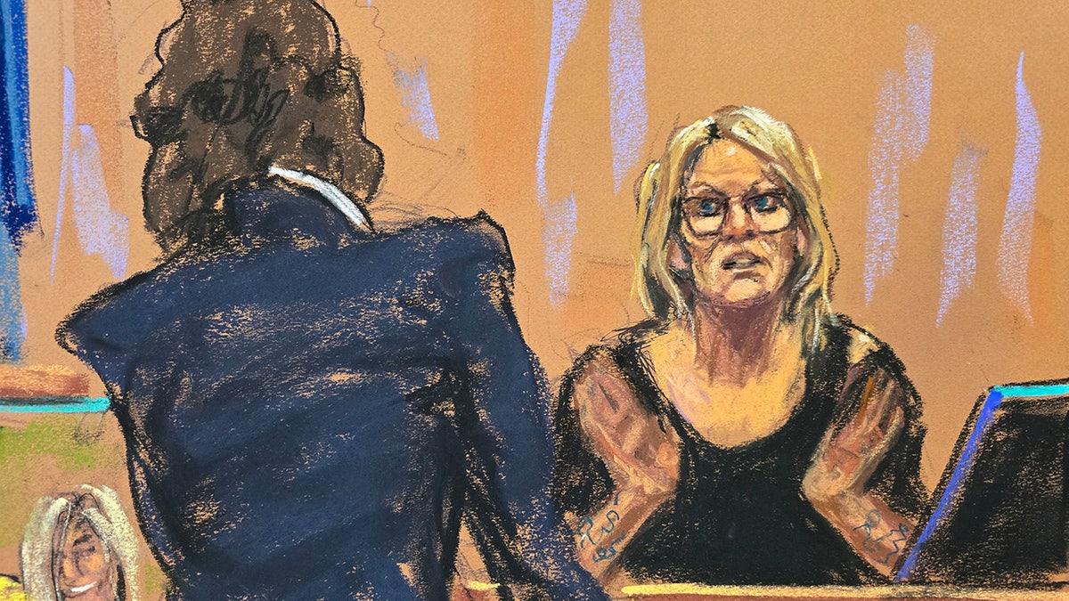 Stormy Daniels shown on the stand in court in sketch