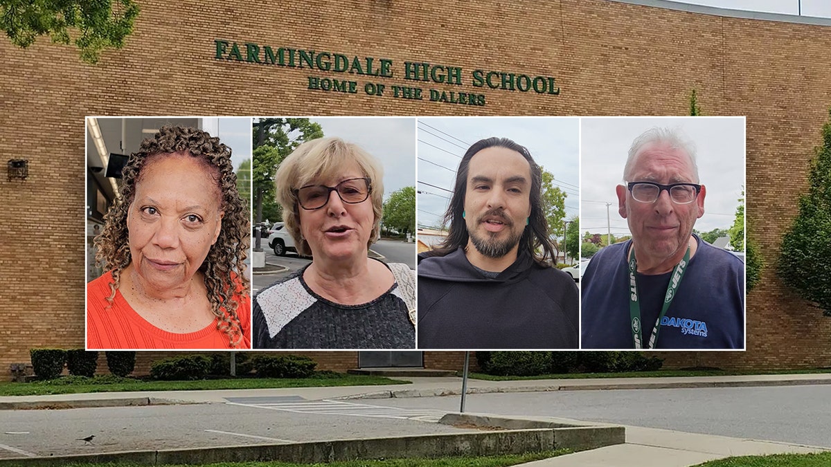 Farmingdale residents inset over the sign outside Farmingdale High School in Farmingdale, New York.