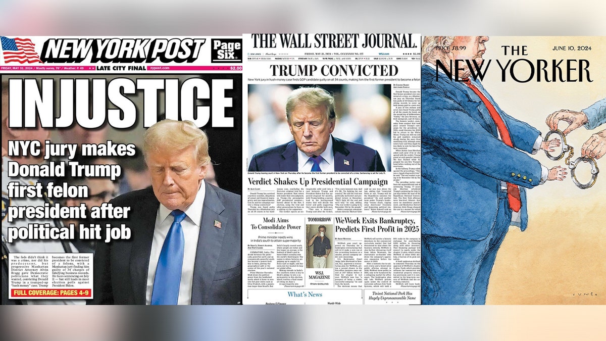 Front covers of three media outlets portraying the former president's conviction.