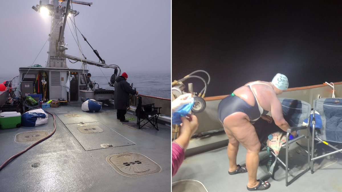 Split image of Amy in swimsuit and boat in fog