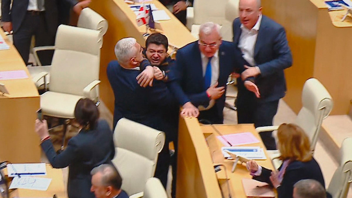 Georgian lawmakers fight during a parliament session in Tbilisi, Georgia