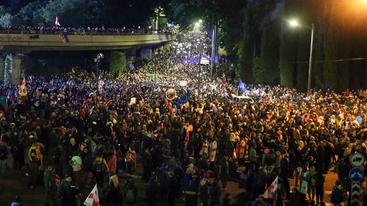 A massive crowd of demonstrators fills the Square of Heroes during an opposition protest against "the Russian law" in the center of Tbilisi, Georgia.