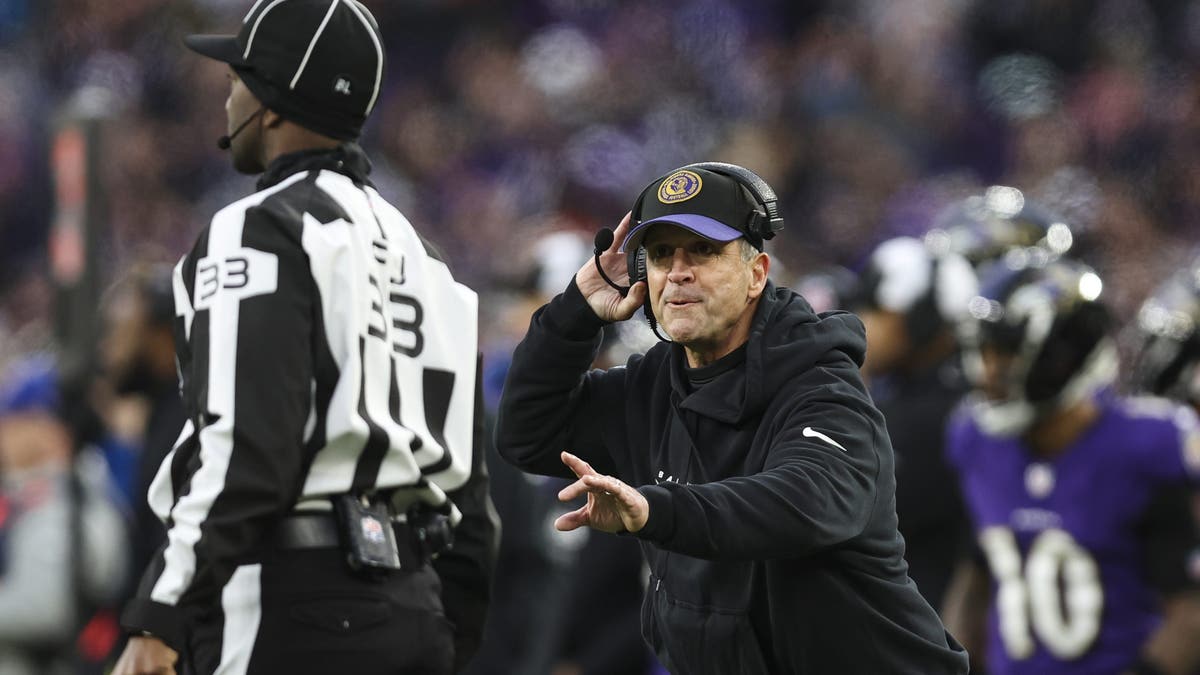 John Harbaugh argues with a ref