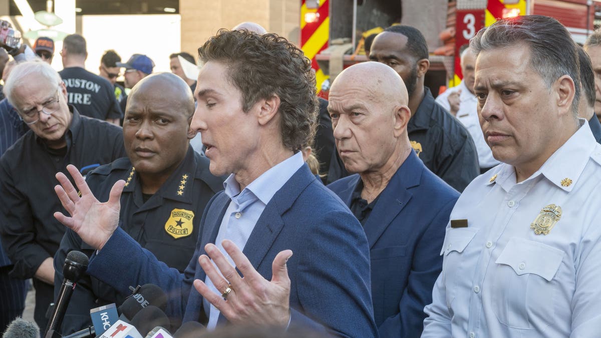 From left, Police Chief Troy Finner, Lakewood Church pastor Joel Osteen, Mayor John Whitmire and Fire Department Chief Samuel Pena,