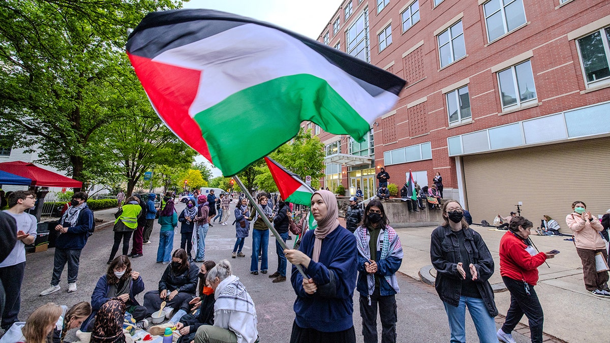 A student waves a Palestinian flag during the pro-Palestine student protests that has turned into a an encampment at George Washington University's Yard in a protest movement that has spread across universities in the U.S, demonstrating against Israeli military action in Gaza and calling on their university to stop doing business with companies they see as supporting the war on Saturday, April 27, 2024. The police first tried to crack down on the small group of students protesting, but the move backfired, and the students have continued in their demonstrations, calling for a ceasefire in Israel's war on Gaza. (Photo by Ali Khaligh / Middle East Images / Middle East Images via AFP) (Photo by ALI KHALIGH/Middle East Images/AFP via Getty Images)