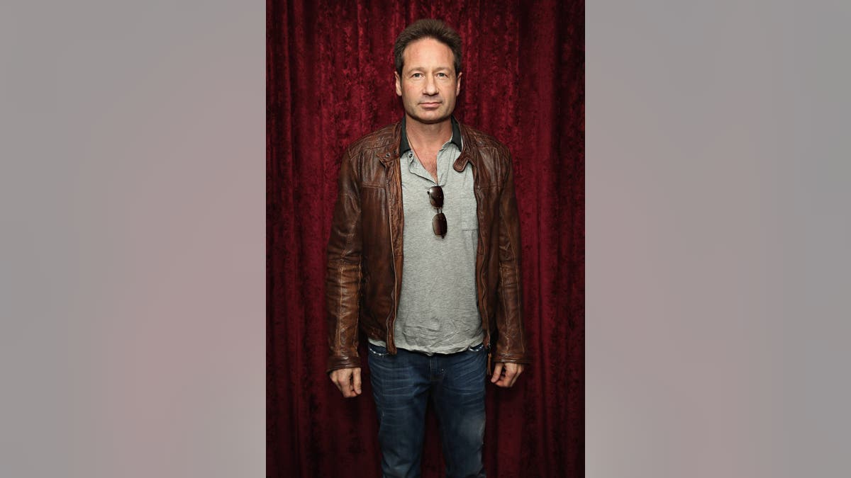 David Duchovny, wearing a brown leather jacker and gray polo, smiles in front of a red curtain