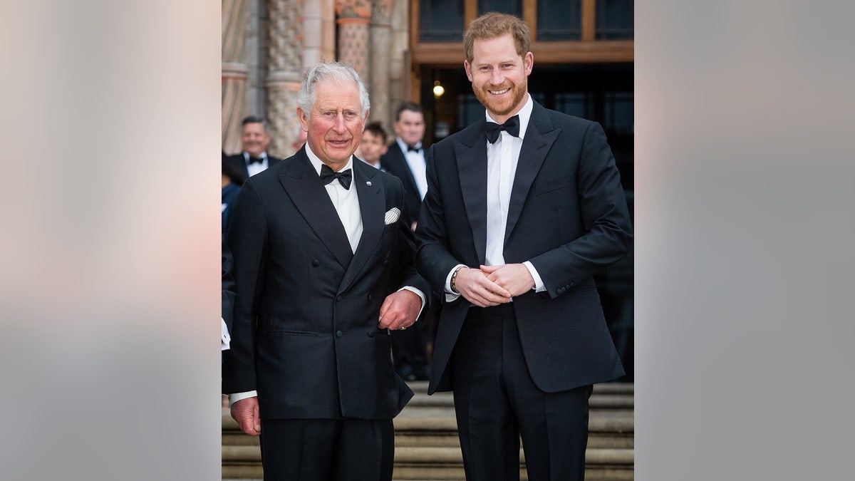 Prince Harry and King Charles wearing matching tuxes