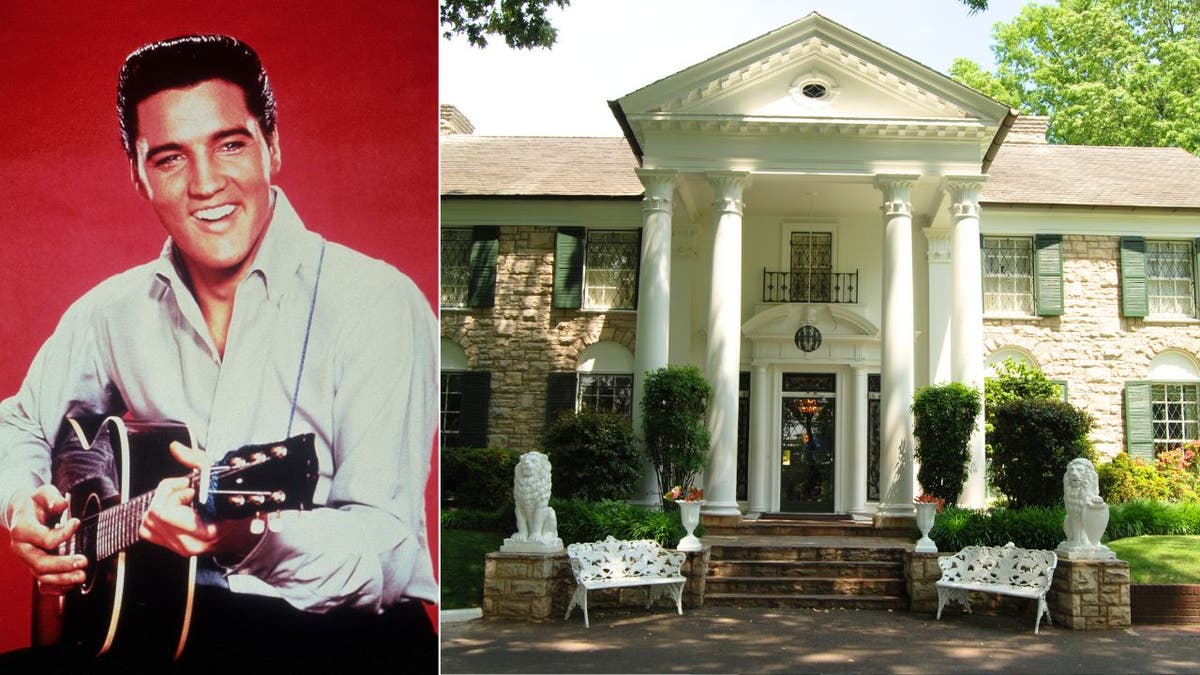 Elvis Presley playing the guitar and Graceland Mansion