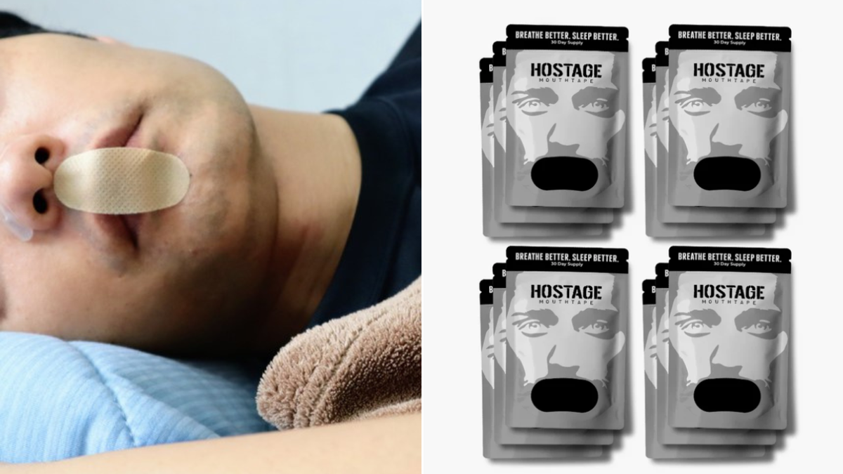 Split image of man sleeping with tape on mouth and Hostage Tape products
