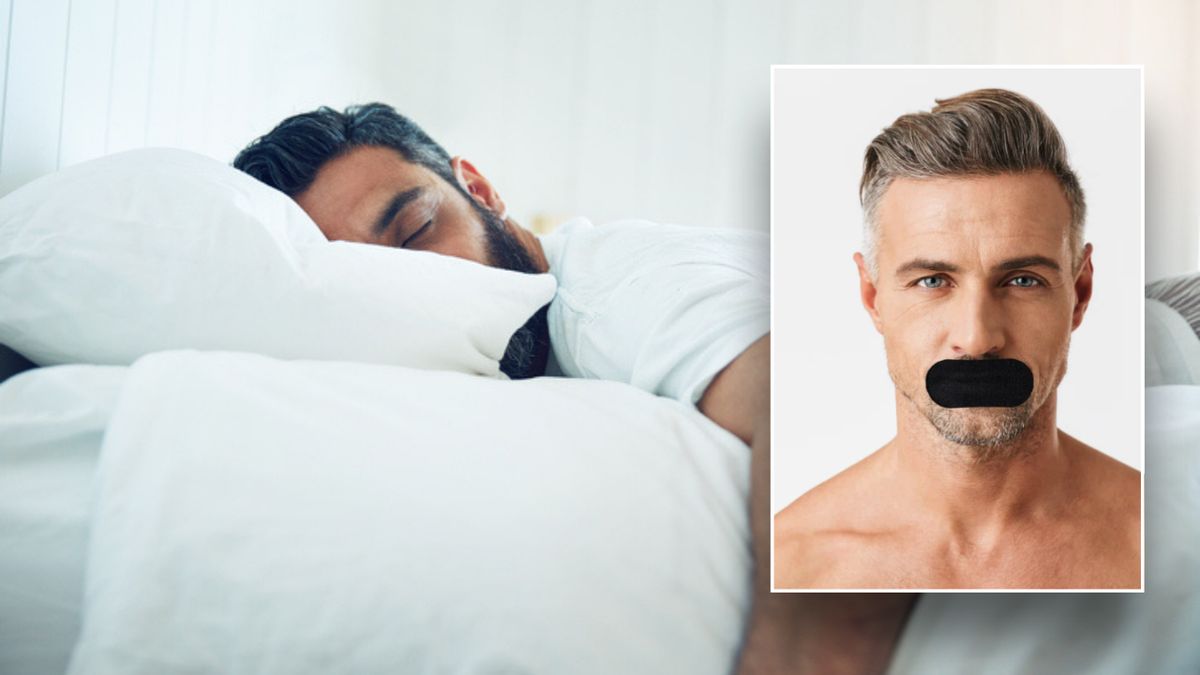Split image of man sleeping and man with Hostage Tape on mouth