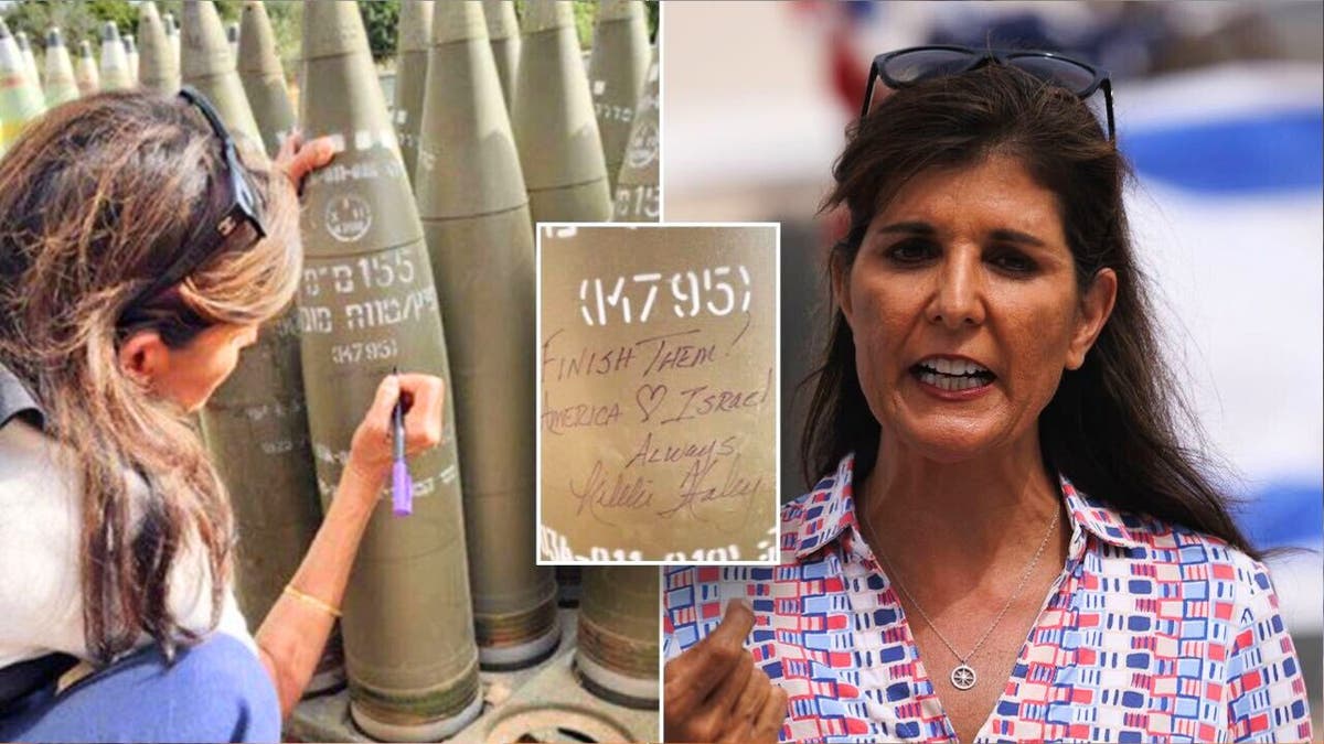 Former Republican presidential candidate Nikki Haley scrawling a message of encouragement to the IDF on an artillery shell and a picture of Haley speaking