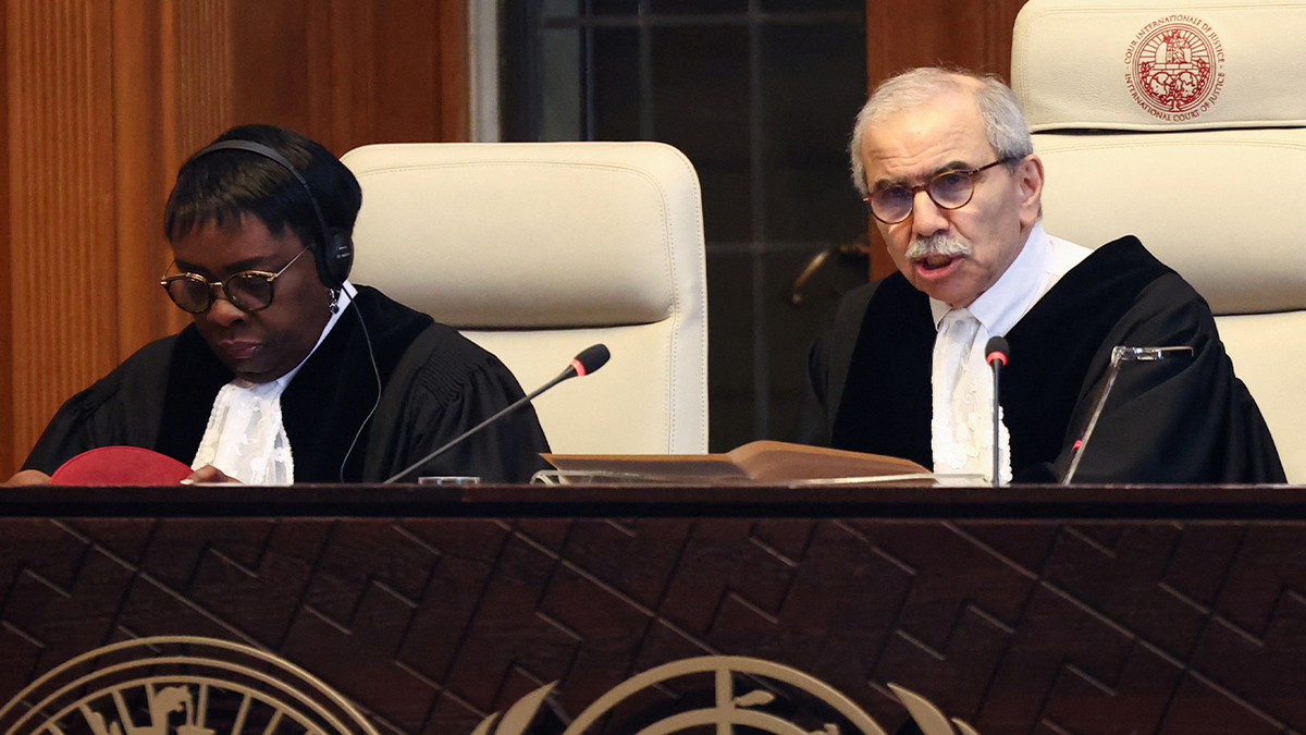 Judge Nawaf Salam, president of the International Court of Justice (ICJ), speaks next to Judge Julia Sebutinde, vice president of the ICJ, at the start of a hearing in The Hague Netherlands, on May 16.