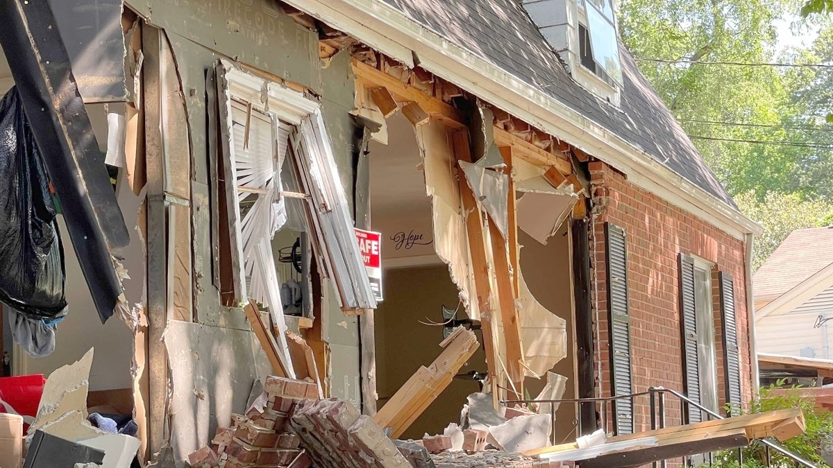 The destroyed facade of the home on Galway Drive in Charlotte where the deadly shooting occurred Monday