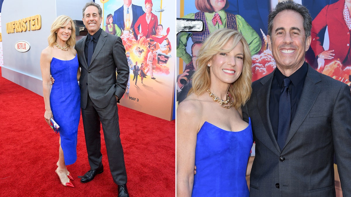 Jerry Seinfeld and Jessica Seinfeld on the red carpet at the premiere of "Unfrosted."