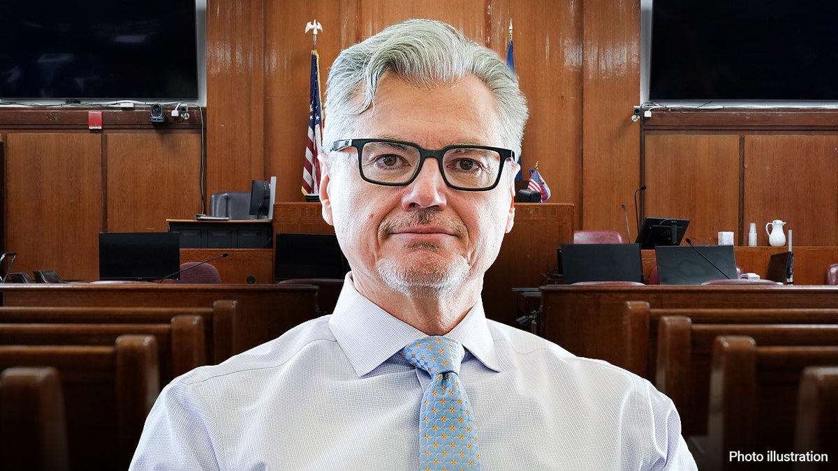 Judge Juan Merchan superimposed on courtroom backdrop in photo illustration