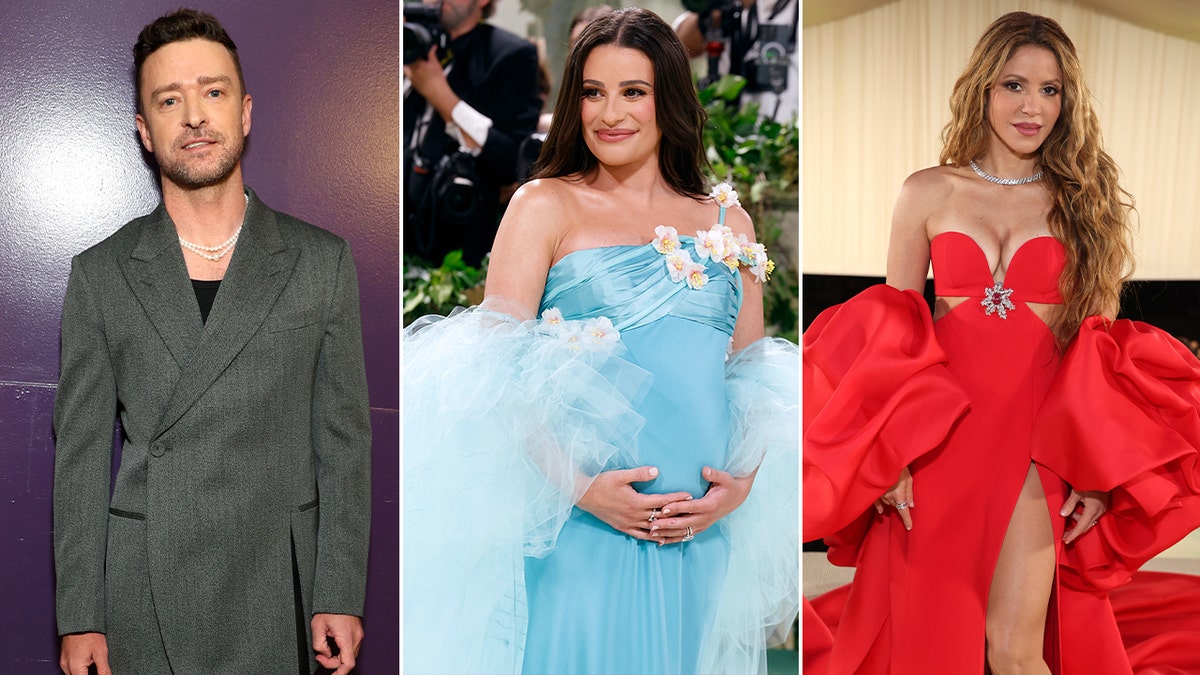 Side by side photos of Justin Timberlake, Lea Michele, and Shakira