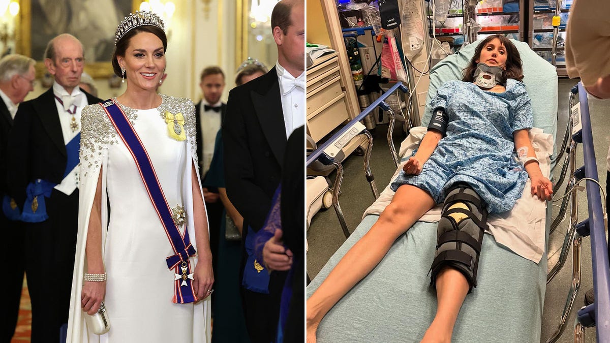 split of Kate Middleton smiling and Nina Dobrev in hospital
