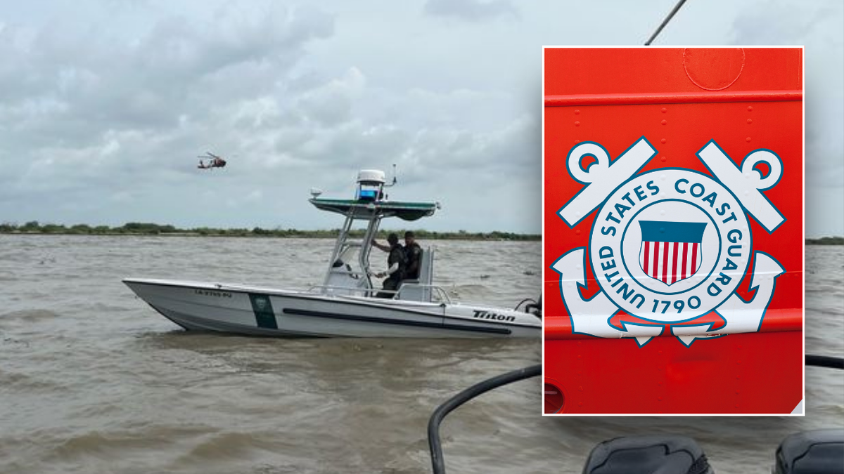 Split image of stranded boat in water and USCG logo