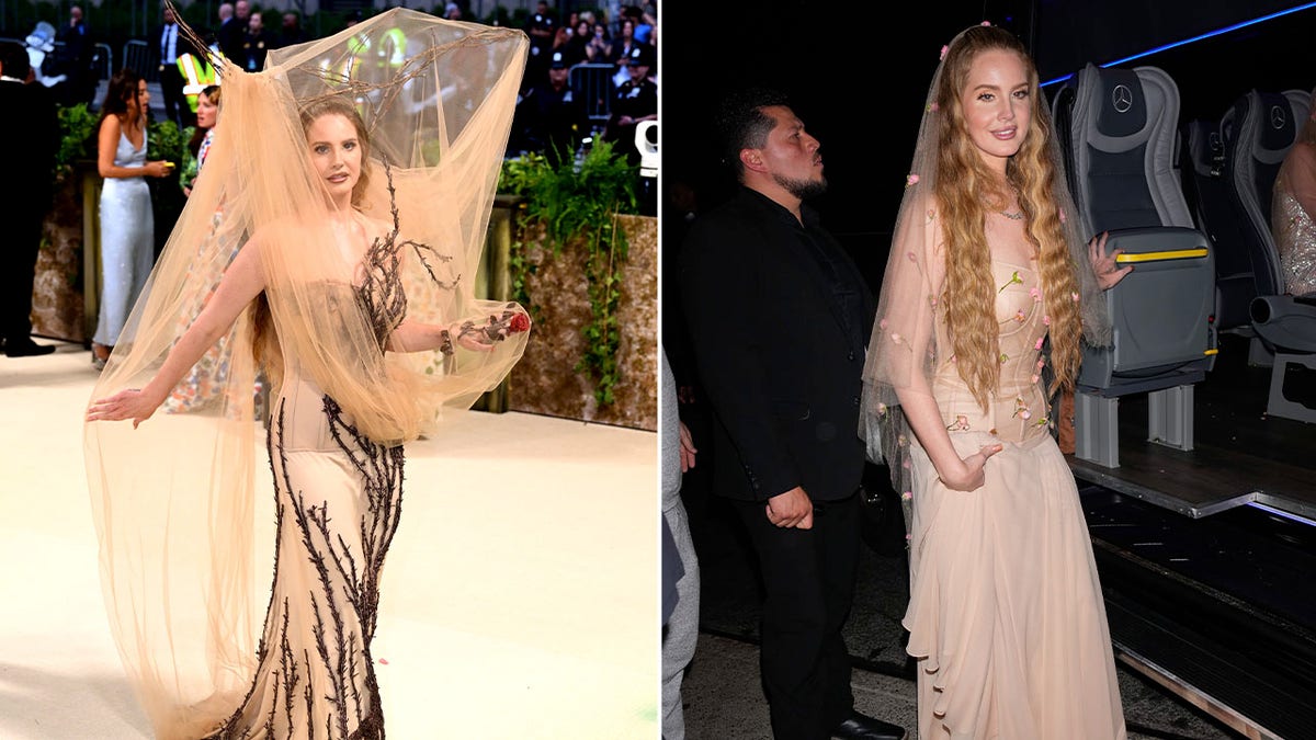 Side by side photos of Lana Del Rey at the Met Gala and an after party