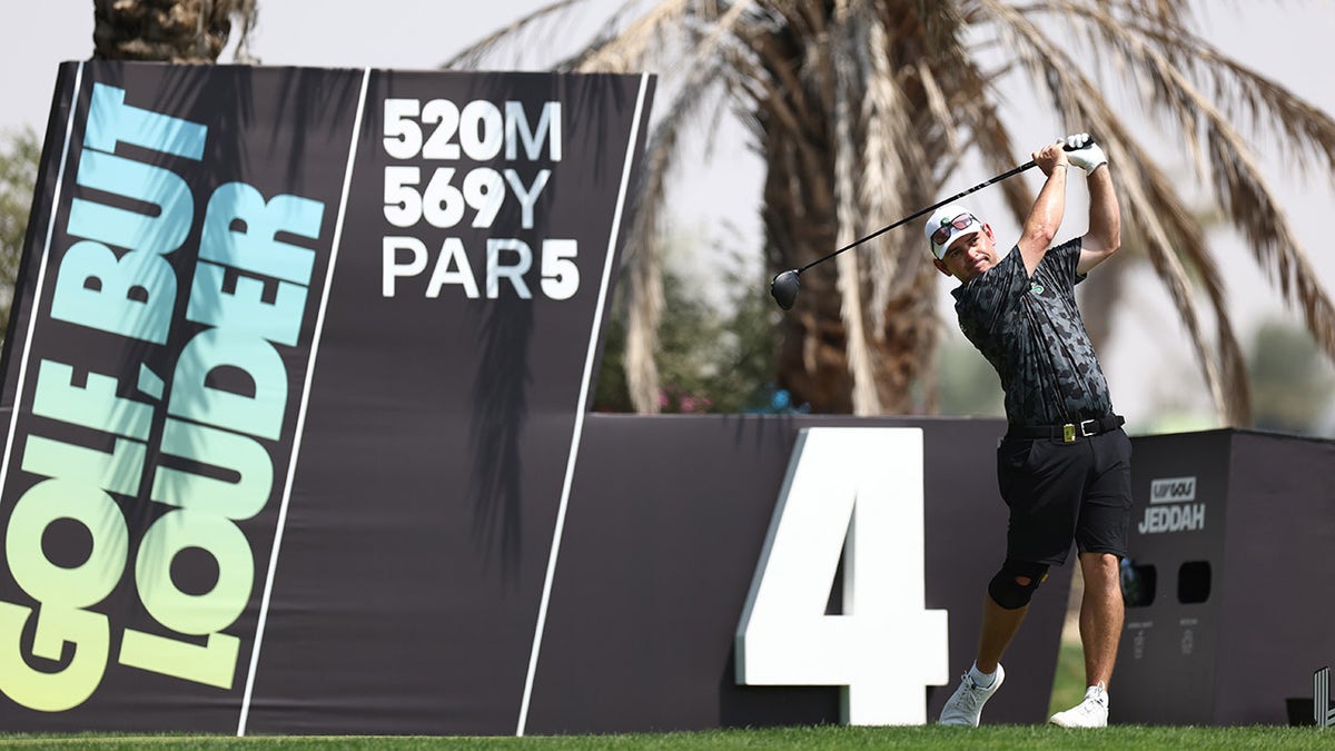 Louis Oosthuizen tees off at a LIV Golf event