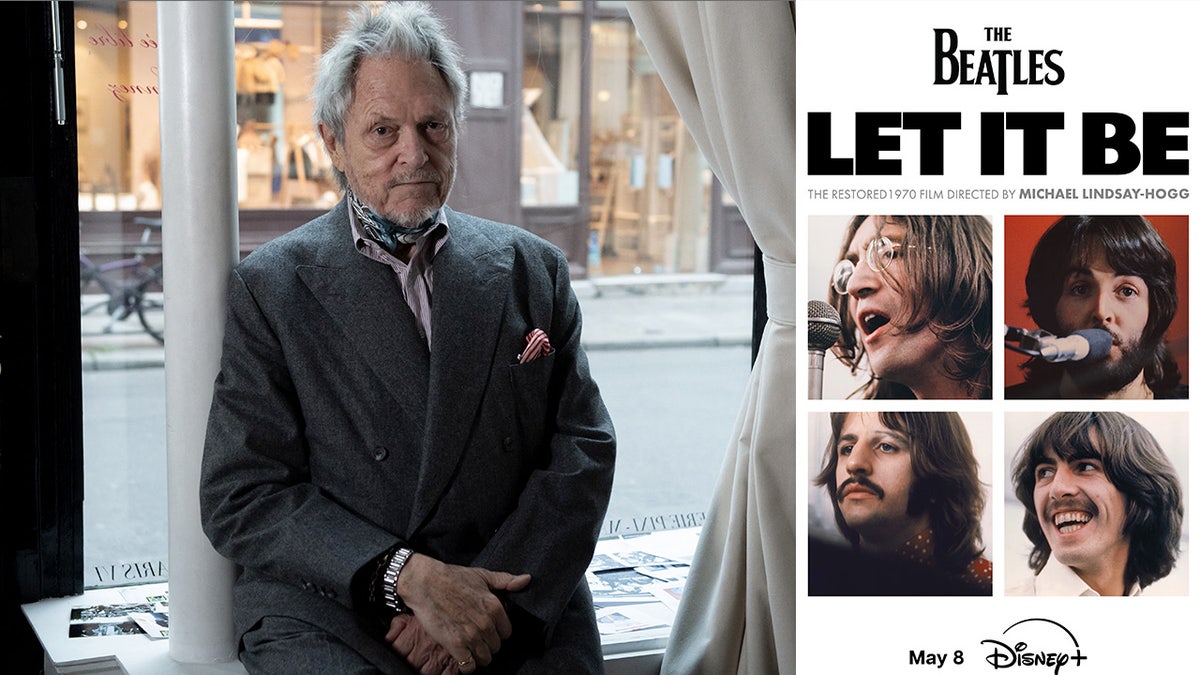 Michael Lindsay-Hogg side by side a poster for Let It Be