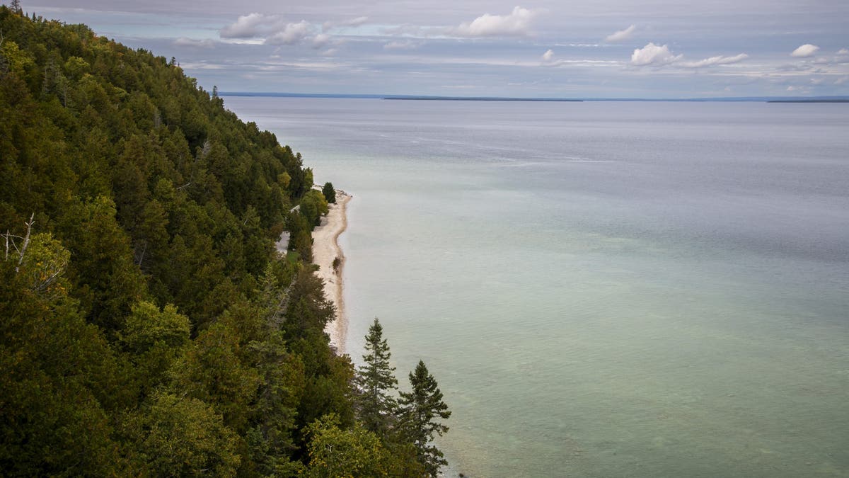 View from Lake Shore Drive on Mackinac Island, Michigan with the shoreline