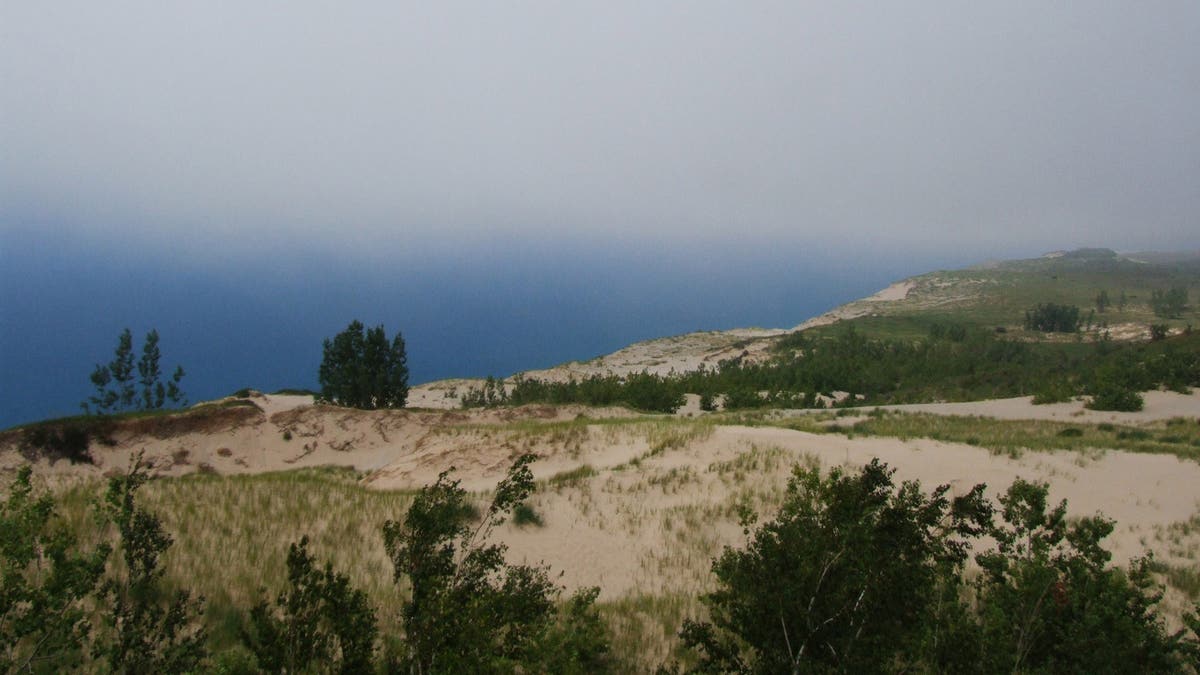 A view of the Sleeping Bear Dunes National Lakeshore section with ocean and beach