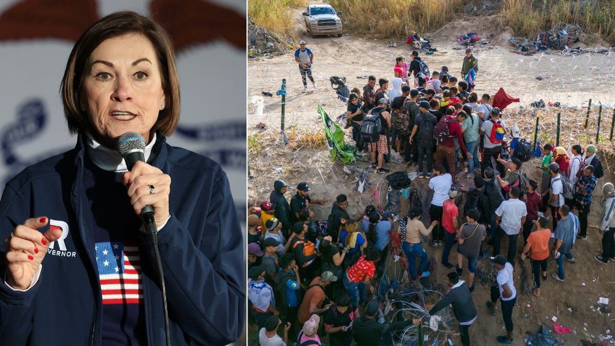 Kim Reynolds speaks and migrants successful  Eagle Pass, Texas.