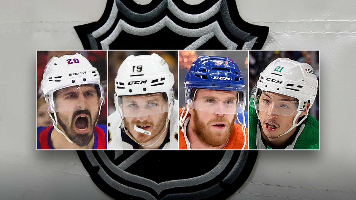 NHL players with league logo in background