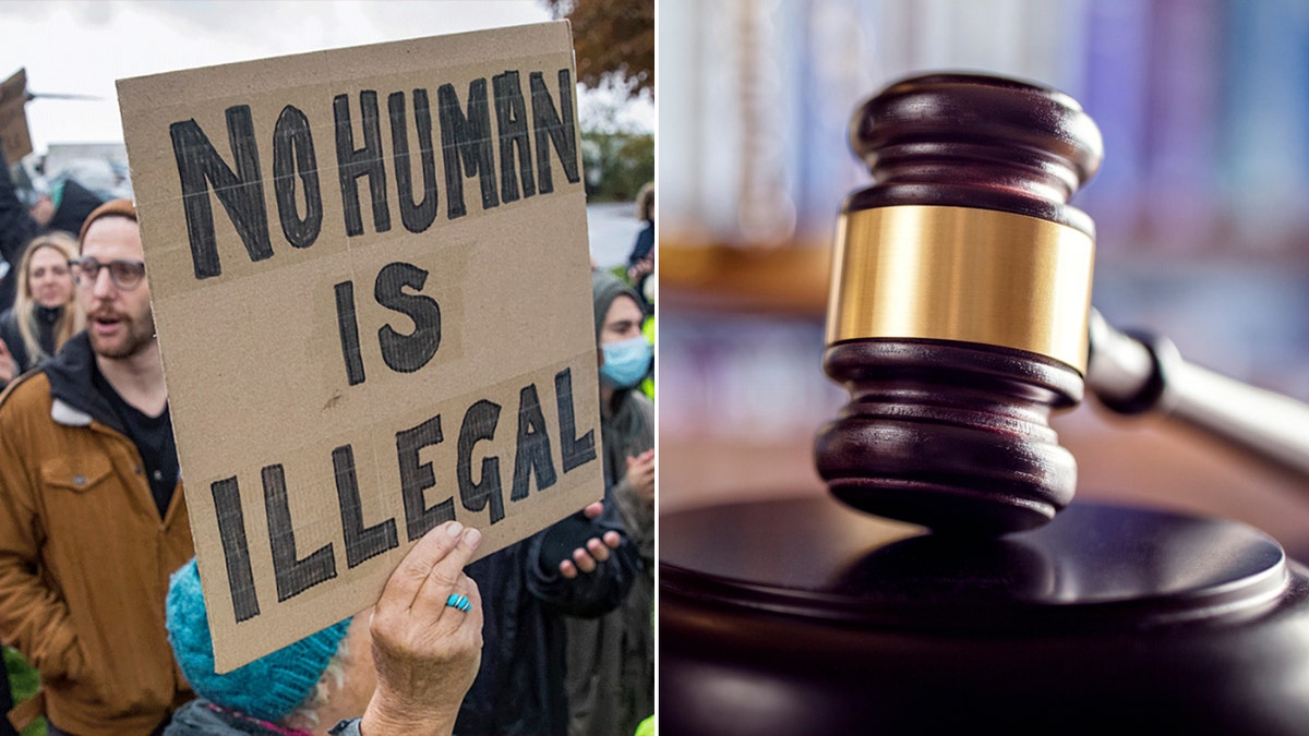 A "no human is illegal" sign next to a judges gavel