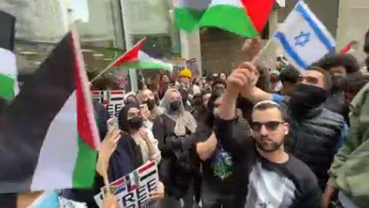 Anti-Israel protesters shout at individual waving Israeli flag in NYC