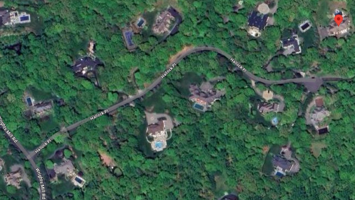 Hallock Place in North Castle, New York, about an hour north of Midtown Manhattan, is lined with multi-million dollar homes separated by spacious properties and trees. The arrow indicates where the police-involved shooting occurred.
