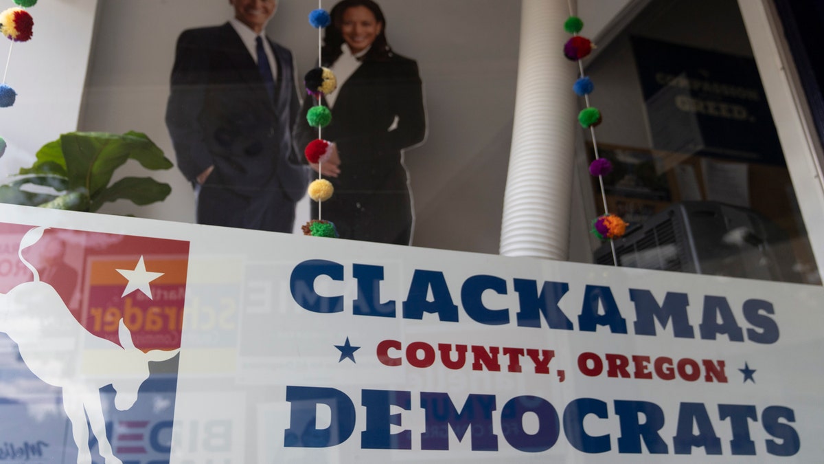 A sign is displayed at the Clackamas County Democratic party building, which is in Oregon's 5th Congressional District