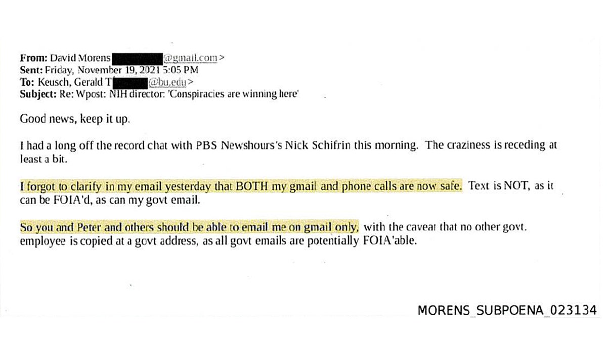 Dr. David Morens emails recently released by House lawmakers investigating.