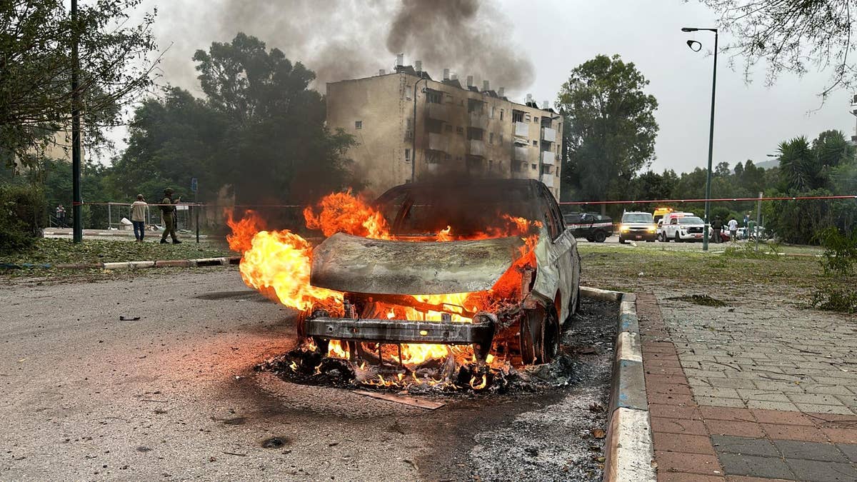 The aftermath of a Hezbollah rocket barrage in the northern Israeli city of Kiryat Shmona on May 10, 2024. Credit Erez Bar Simon/TPS-IL