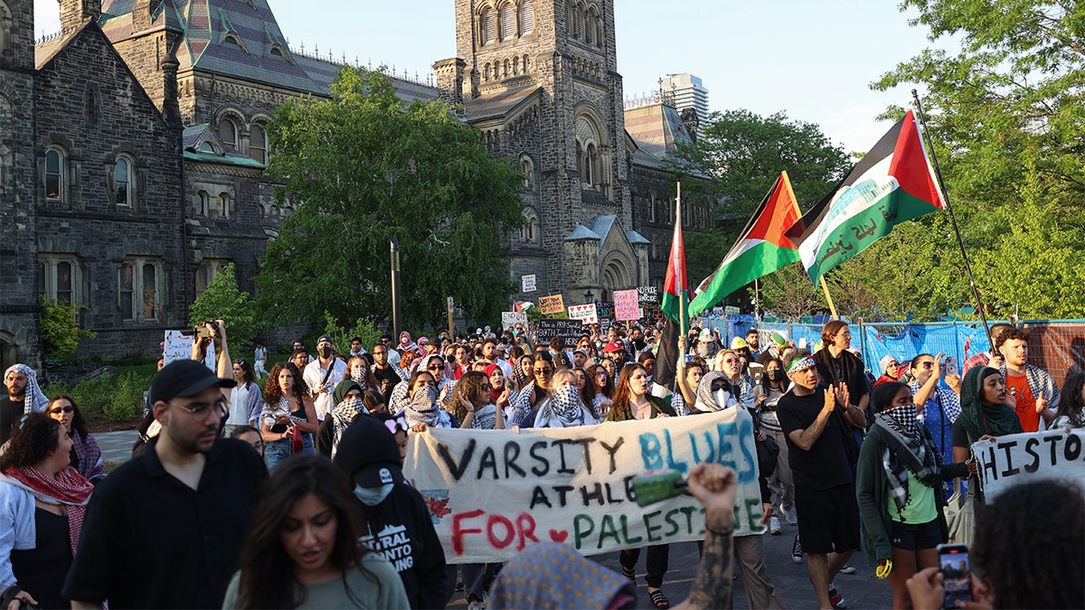 Pro-Palestinian protestors raise flags and signs at the University of Toronto.
