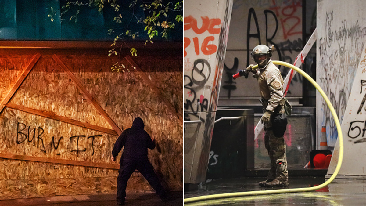 Graffiti in Portland and police divide the image