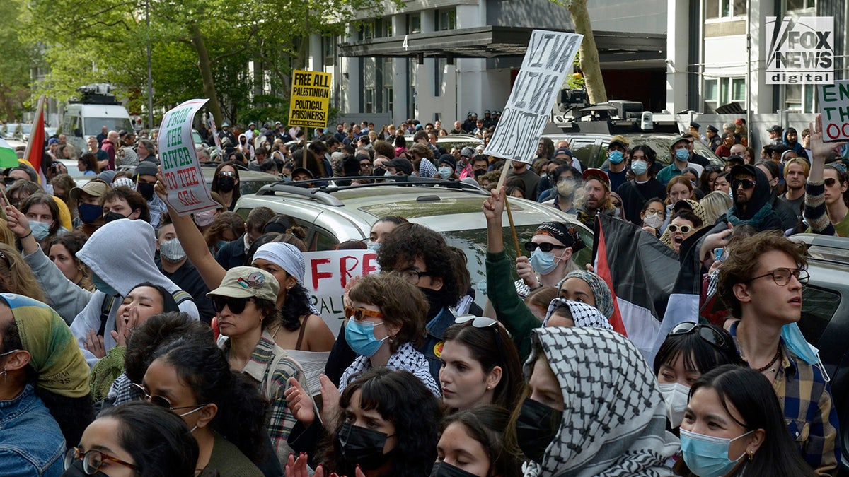 Anti-Israel protesters gather near Washington Square Park in New York City