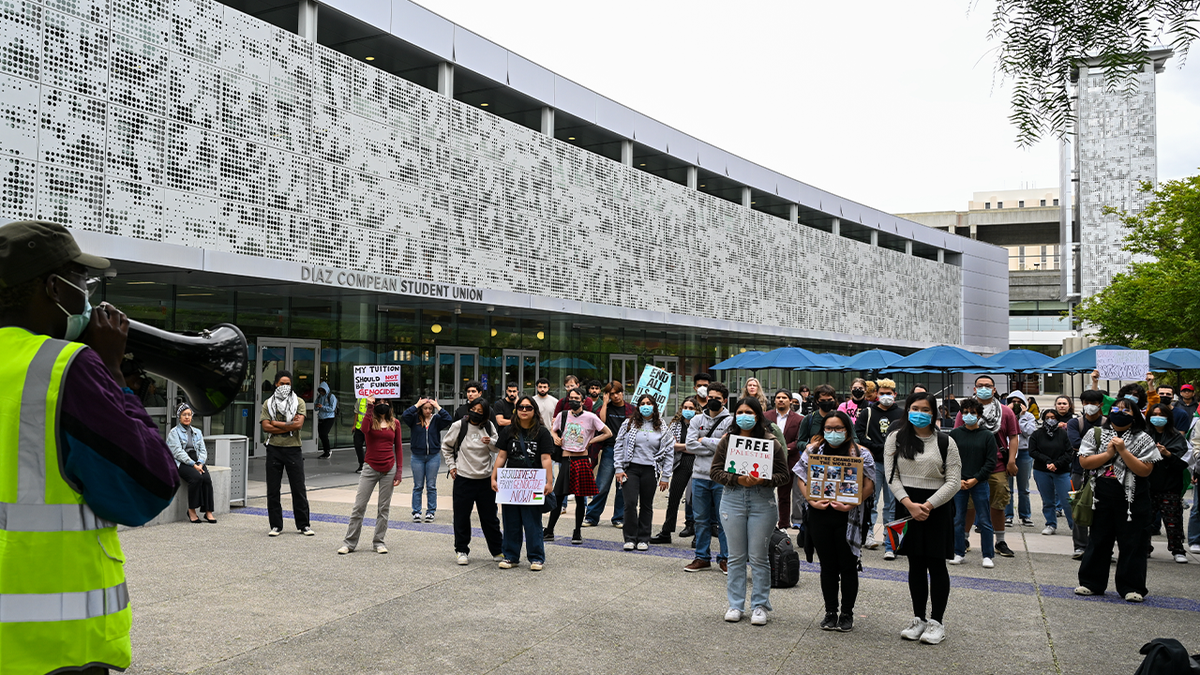 Students at San Jose State University (SJSU) gather on the university's Student Union patio in San Jose, California, USA, on April 24, 2024, to protest Israeli attacks on Gaza.