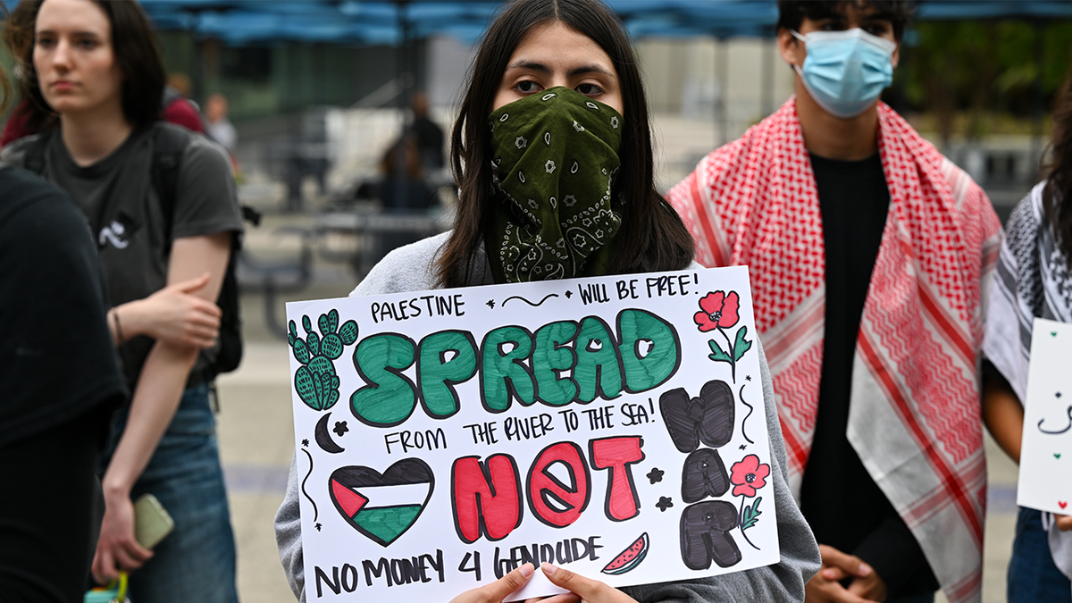 Students at San Jose State University (SJSU) gather on the university's Student Union patio in San Jose, California, USA, on April 24, 2024, to protest Israeli attacks on Gaza.