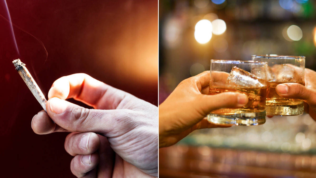 Split image of man holding joint and two people drinking liquor